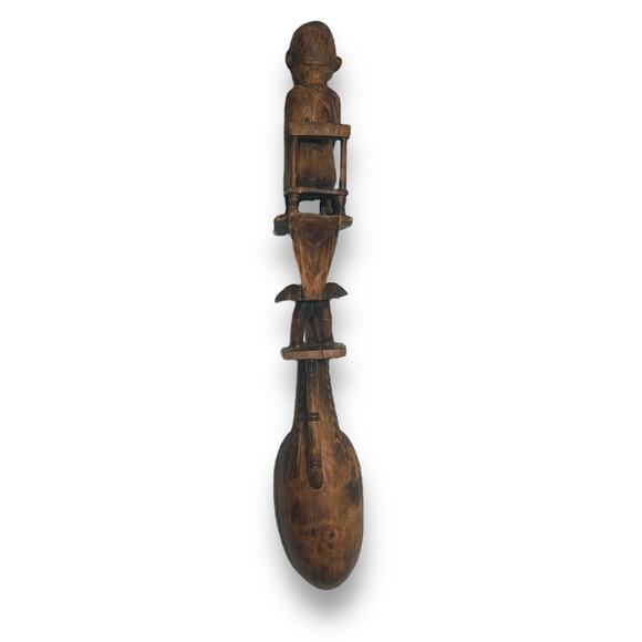 African Tribal Totem Art Carved Wood Ladle Spoon Ceremonial Seated Figure Scoop - Picture 7 of 16